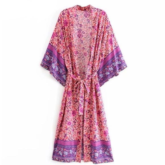 Cotton Floral Boho Kimono NEW Pink Purple - Picture 3 of 11